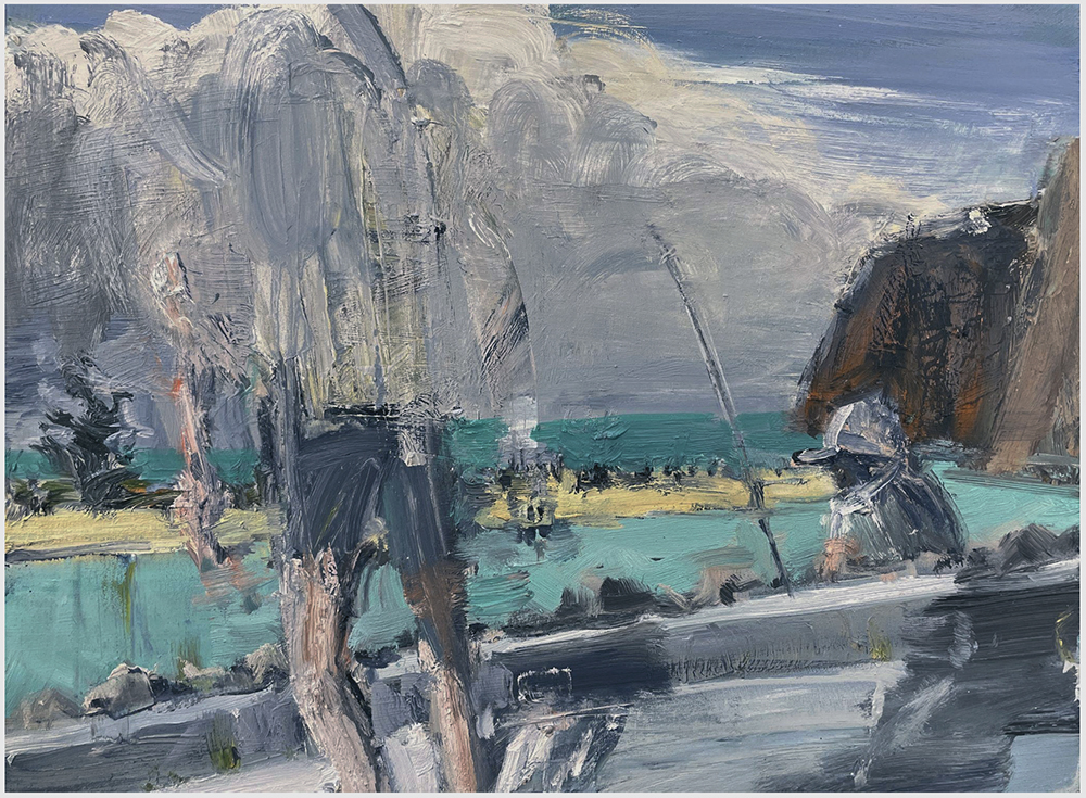 Redcliffs Fishing, by Euan Macleod, 2023, oil on polyester, framed, 410 x 540mm