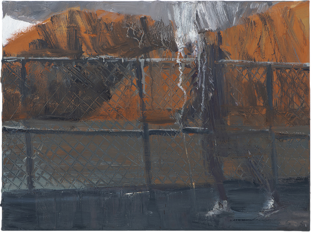 Mum against red hills, by Euan Macleod, 2023, oil on polyester, framed, 410 x 540mm