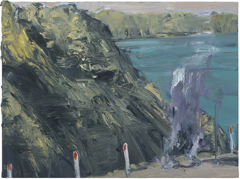 Mum on the road (above Lyttelton Harbour), by Euan Macleod, 2023, oil on polyester, framed, 410 x 540mm, $5800 (SOLD)