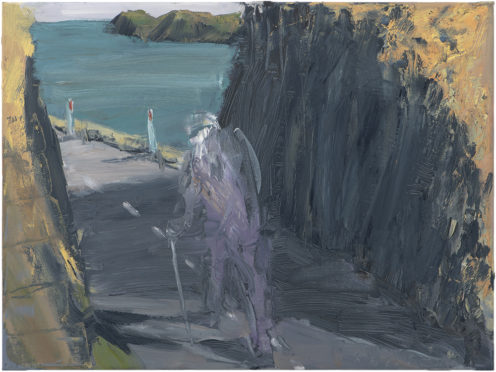 Mum through the gap Summit Road, by Euan Macleod, 2023, oil on polyester, framed, 410 x 540mm, SOLD