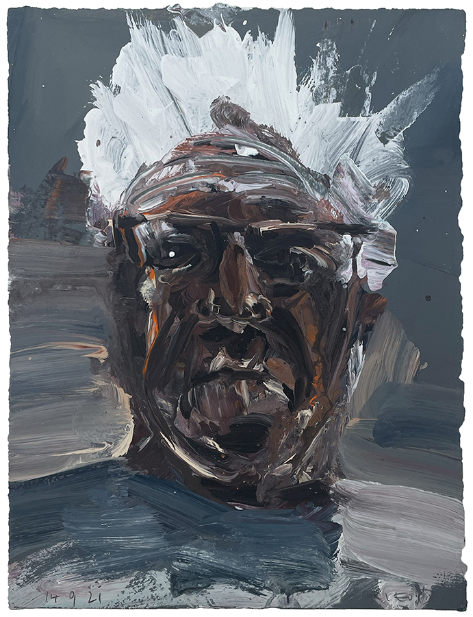 Self portrait with white hair, by Euan Macleod, 2025, acrylic on paper, 380 x 290mm, $2200