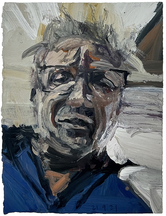 Self portrait bright blue shirt, by Euan Macleod, 2025, acrylic on paper, 380 x 290mm, $2200