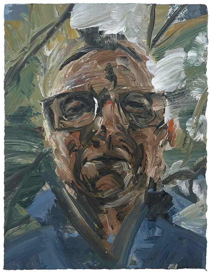 Self portrait outside, by Euan Macleod, 2025, acrylic on paper, 380 x 290mm, SOLD