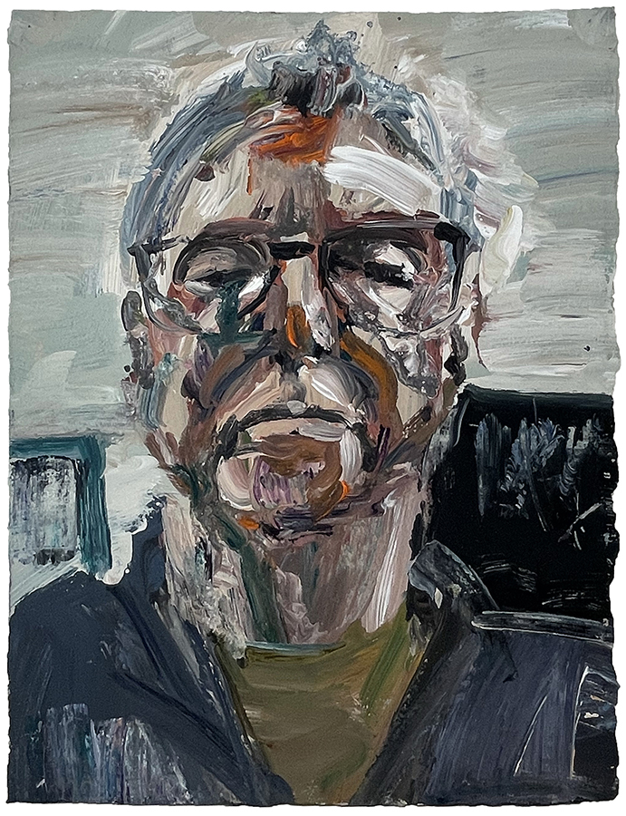 Self portrait with green tshirt, by Euan Macleod, 2025, acrylic on paper, 380 x 290mm, $2200