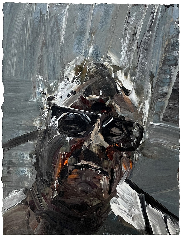 Self portrait on green, by Euan Macleod, 2025, acrylic on paper, 380 x 290mm, $2200