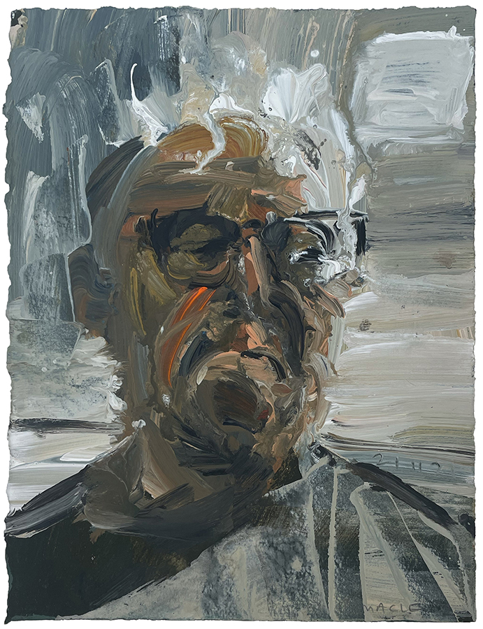 Orange self portrait against a light background, by Euan Macleod, 2025, acrylic on paper, 380 x 290mm, $2200