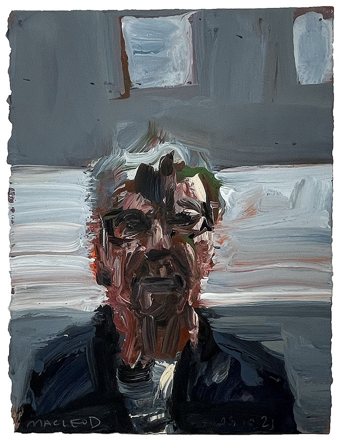 Self portrait more background, by Euan Macleod, 2025, acrylic on paper, 380 x 290mm, $2200