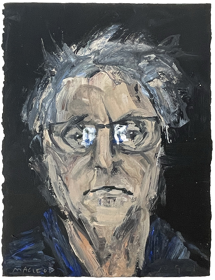 Self portrait with glasses reflection, by Euan Macleod, 2025, acrylic on paper, 380 x 290mm, $2200