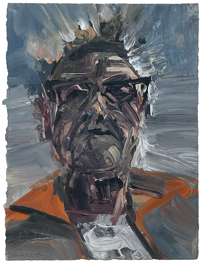 Self portrait wearing orange & green top, by Euan Macleod, 2025, acrylic on paper, 380 x 290mm, $2200