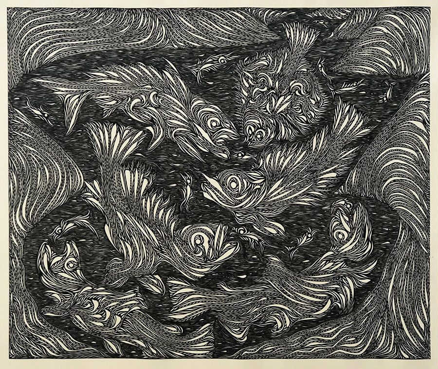 Life Giver 2, by Josh Bashford, 2023, woodcut on canvas, 1260 x 1410mm