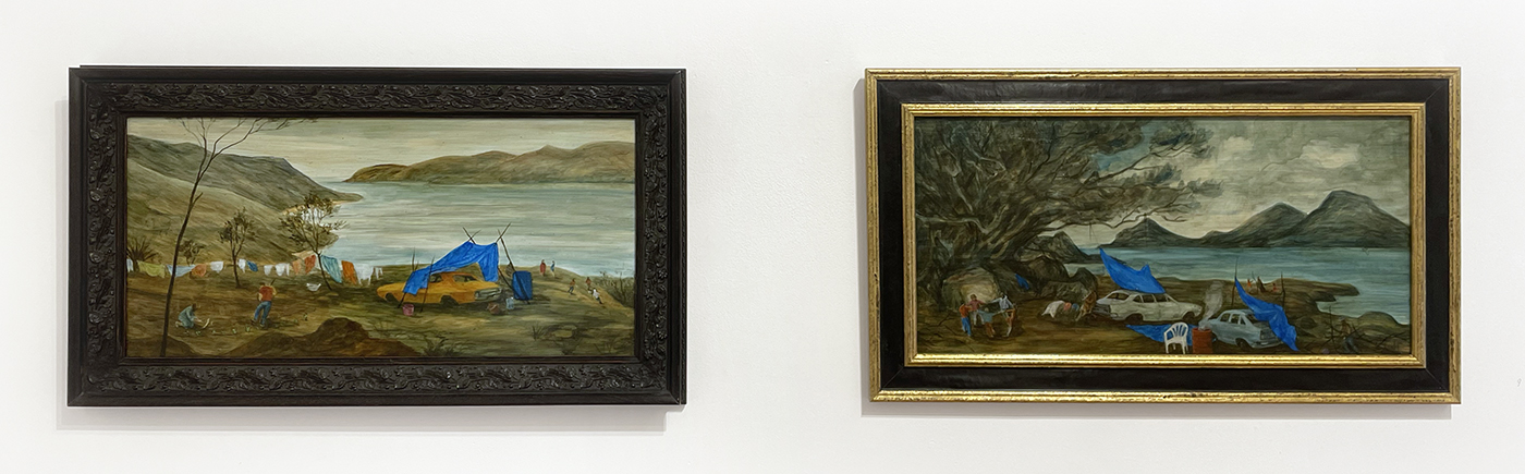 Homes of National Significance XI & XII, by Jenna Packer, 2025 acrylic on aluminium framed, 330 x 590mm, $2900 each