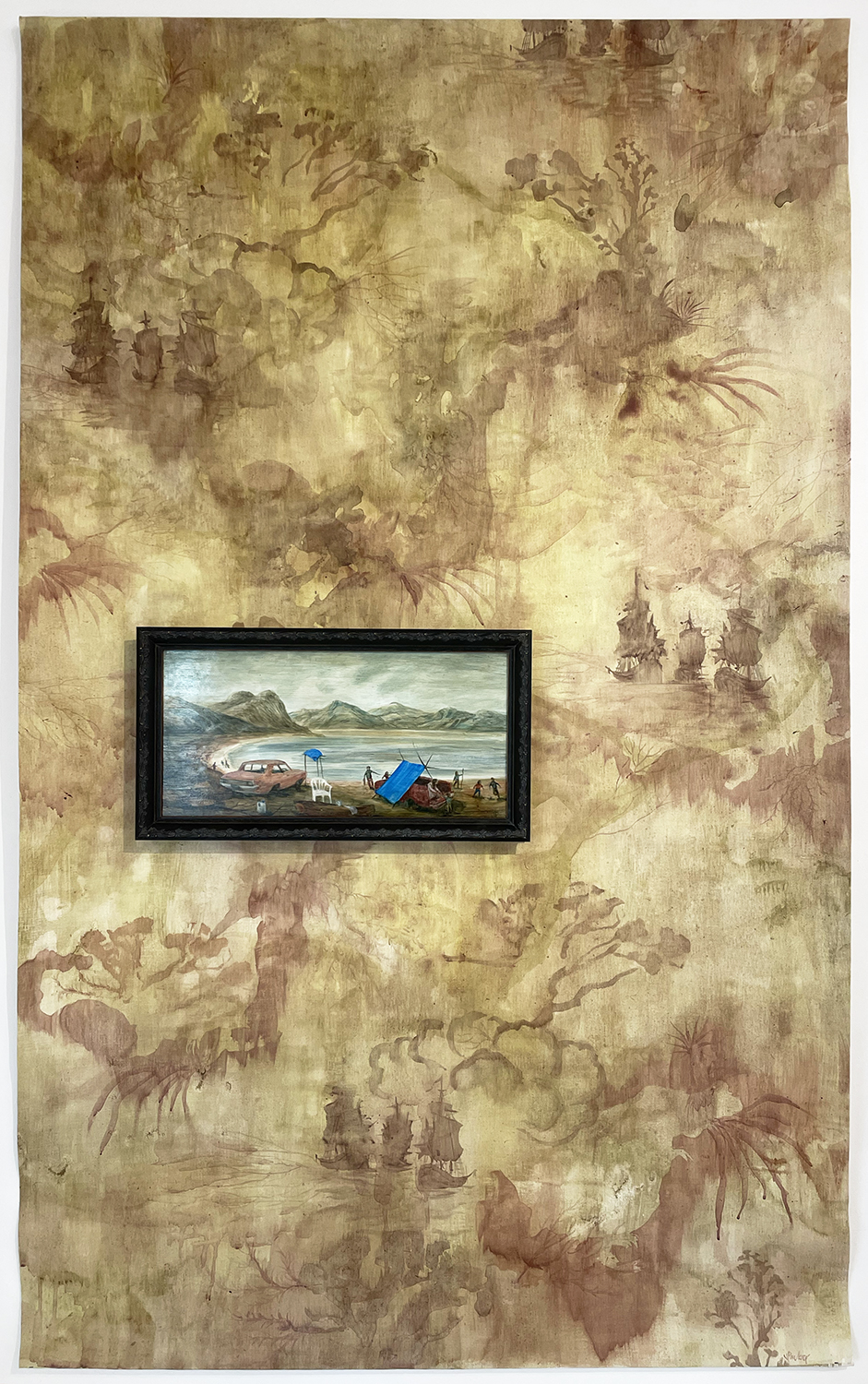 Homes of National Signicance X, by Jenna Packer, 2024 acrylic on aluminium, framed, 245 x 445mm, SOLD (installed atop wallpaper painting on loose canvas, can be purchased as backdrop to another small work)