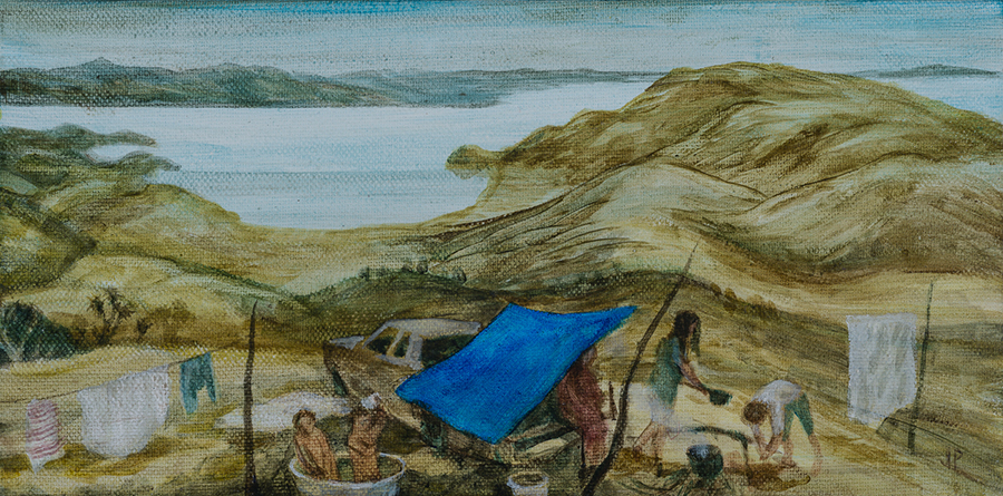 Homes of National Significance V, by Jenna Packer, 2025, acrylic on canvas, 145 x 305mm (SOLD)