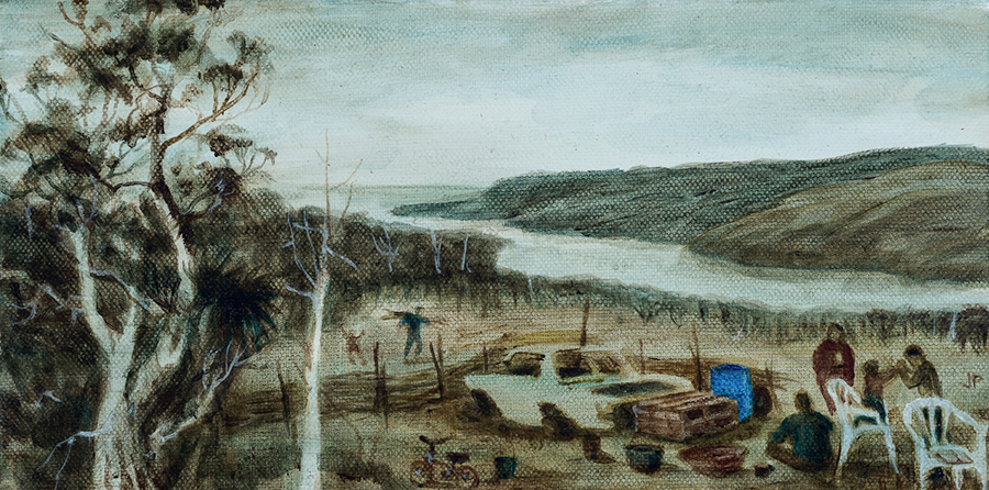 Homes of National Significance VIII, by Jenna Packer, 2025, acrylic on canvas, 150 x 305mm, $1450