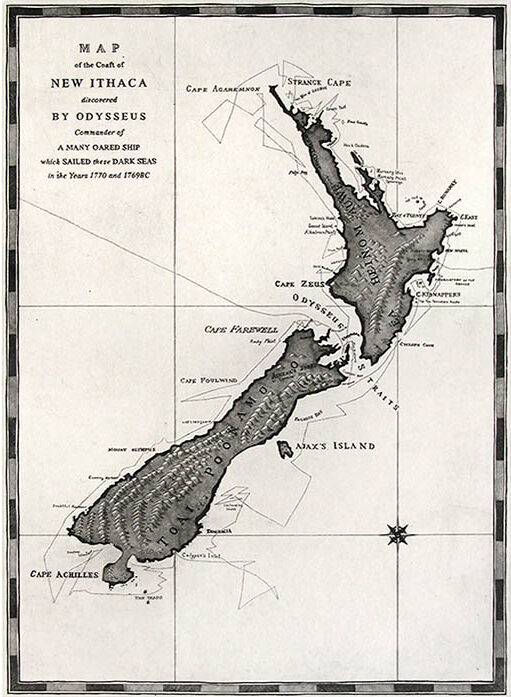 Map of the Coast of New Ithaca, by Marian Maguire, 2006, etching, 700 x 540mm, framed