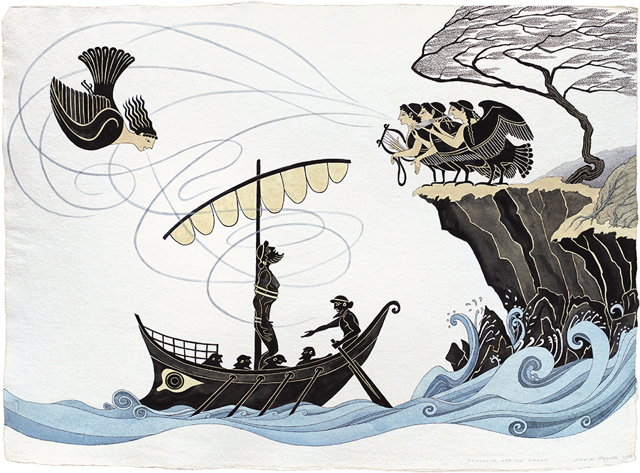 Odysseus and the Sirens, by Marian Maguire, 2024, acrylic and pen on handmade Khadi Indian cotton rag paper 640g, 730 x 920mm framed (SOLD)