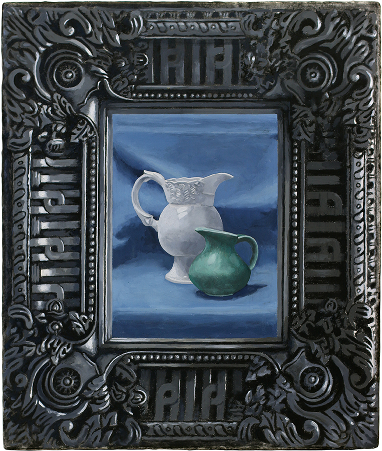 'Green Jug, White Jug, Framed' by Nigel Buxton, 2024, oil on gesso board, 385 x 320mm, unframed, (SOLD)