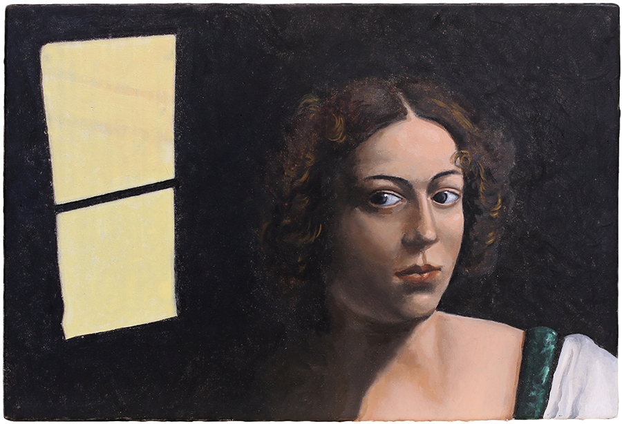 After Caravaggio interior 1, by Nigel Buxton, 2025, oil on gesso board, 270 x 400mm, $1950