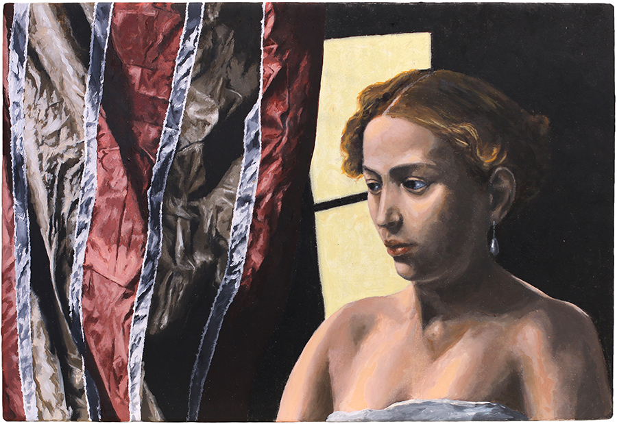 After Caravaggio interior 2, by Nigel Buxton, 2025, oil on gesso board, 270 x 400mm, $1950