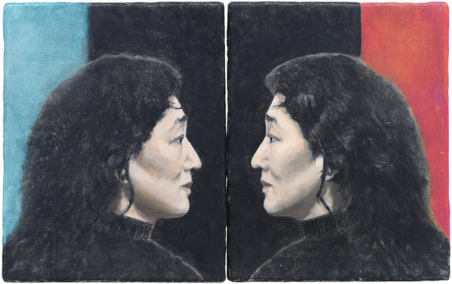 Mitsuko Uchida, by Nigel Buxton, 2025, diptych, oil on gesso board, 250 x 400mm total, $1800