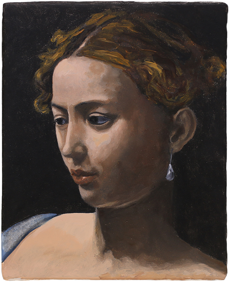 After Caravaggio 2, by Nigel Buxton, 2025, oil on gesso board, 245 x 200mm, SOLD