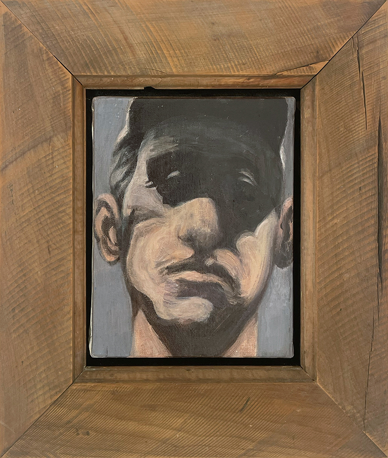 Head in Cap, by Richard McWhannell, 2024 oil on canvas, 415 x 360mm framed in totara, $3500