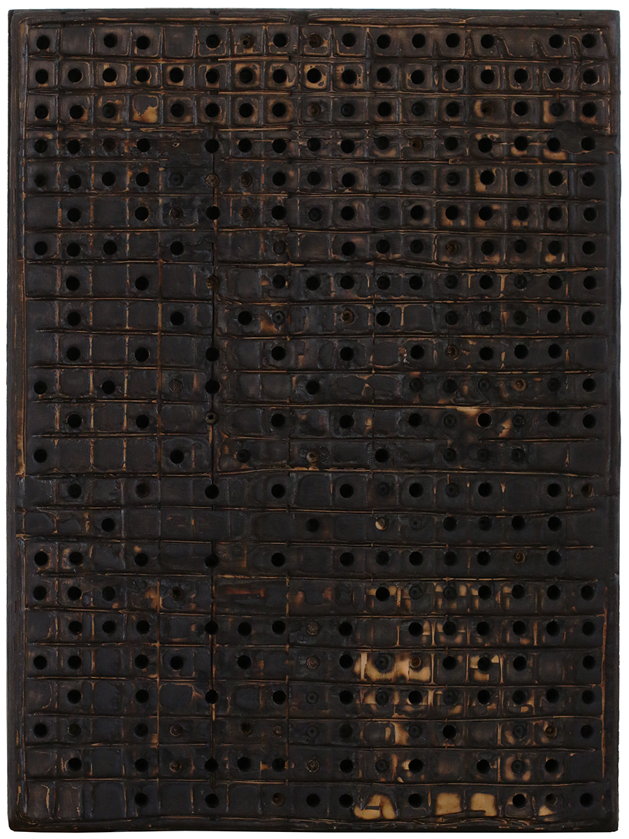 And just like that it was over, by Sefton Rani, 2025, plywood, char, adhesive, varnish on ply with mdf backing, 1200 x 900 x 70mm, $9000