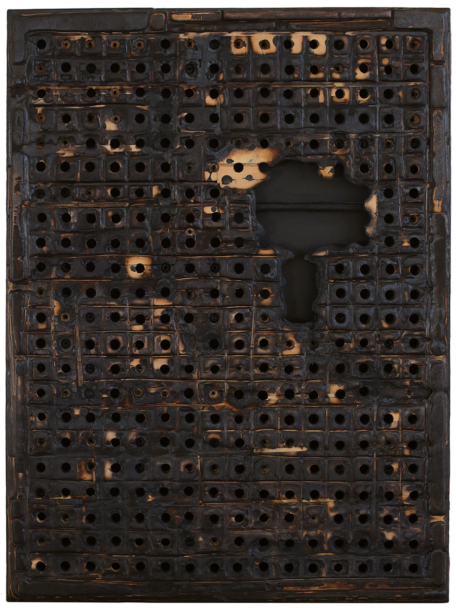 And just like that it never was, by Sefton Rani, 2025, plywood, char, adhesive, varnish on ply with mdf backing, 1200 x 900 x 70mm, $9000