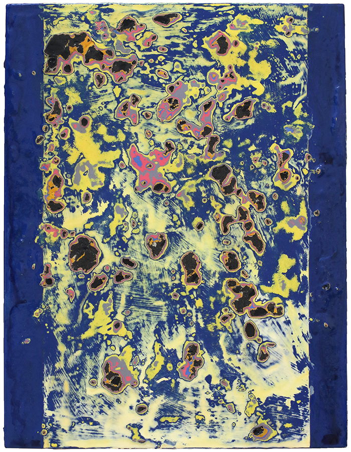 Fordite Static Blue, by Sefton Rani, 2025, enamel, sand, varnish, detritus on ply, 450 x 350mm, $2400