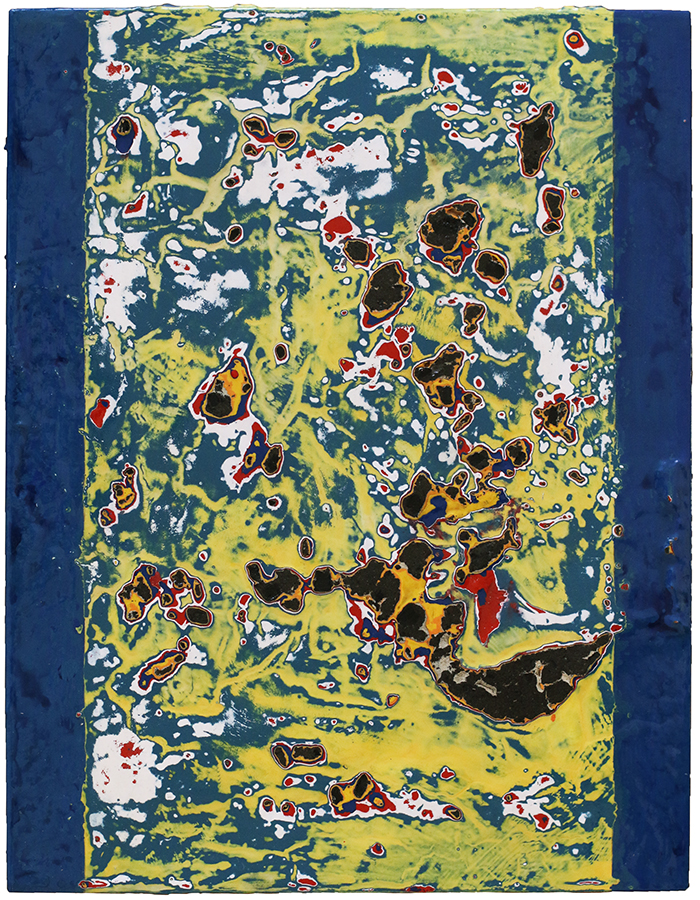 Fordite Static Green, by Sefton Rani, 2025, enamel, sand, varnish, detritus on ply, 450 x 350mm, $2400