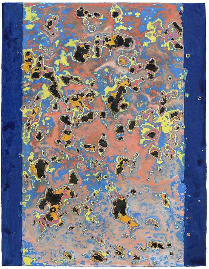 Fordite Static Pink, by Sefton Rani, 2025, enamel, sand, varnish, detritus on ply, 450 x 350mm, $2400