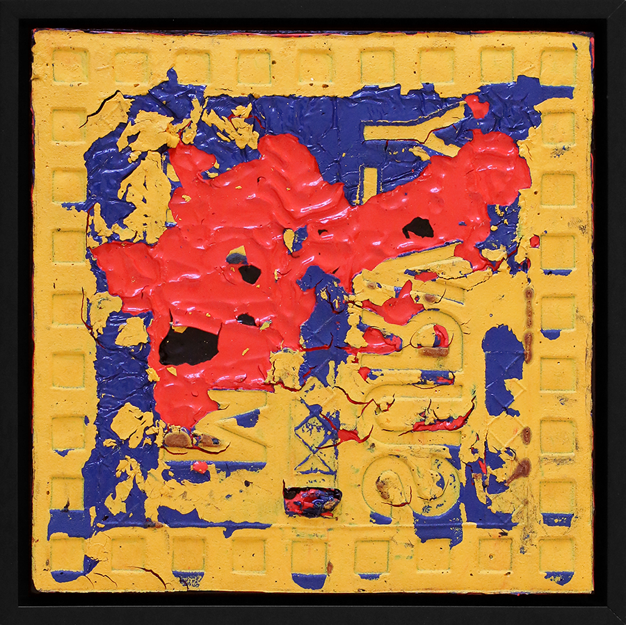 Dappled Light Red, by Sefton Rani, 2025, enamel, paint skin, adhesive on ply, framed, 290 x 290mm, $1500