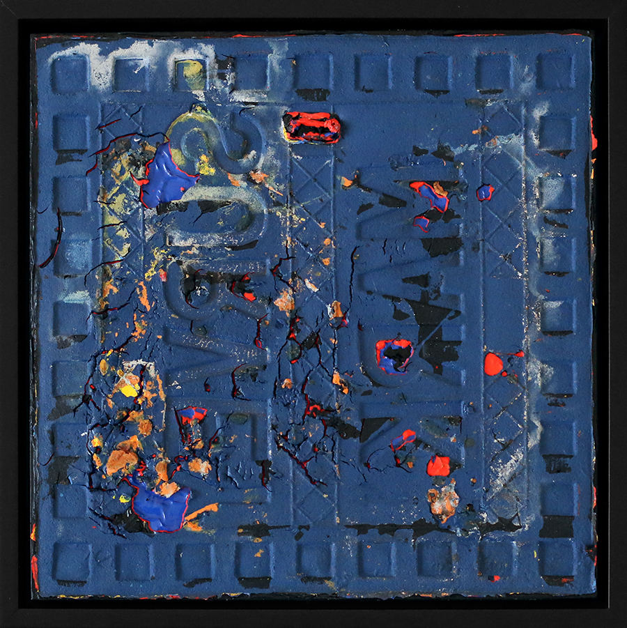 Dappled Light Blue, by Sefton Rani, 2025, enamel, paint skin, adhesive on ply, framed, 290 x 290mm, $1500