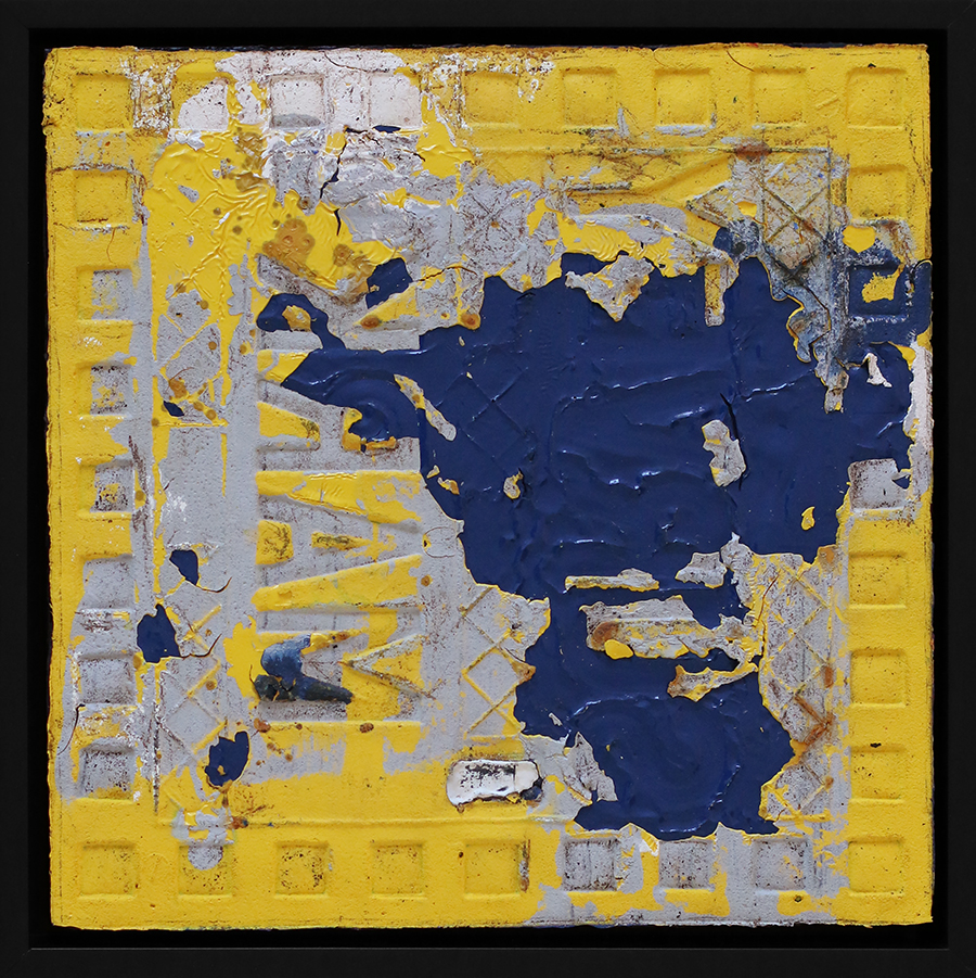 Dappled Light Yellow, by Sefton Rani, 2025, enamel, paint skin, adhesive on ply, framed, 290 x 290mm, $1500