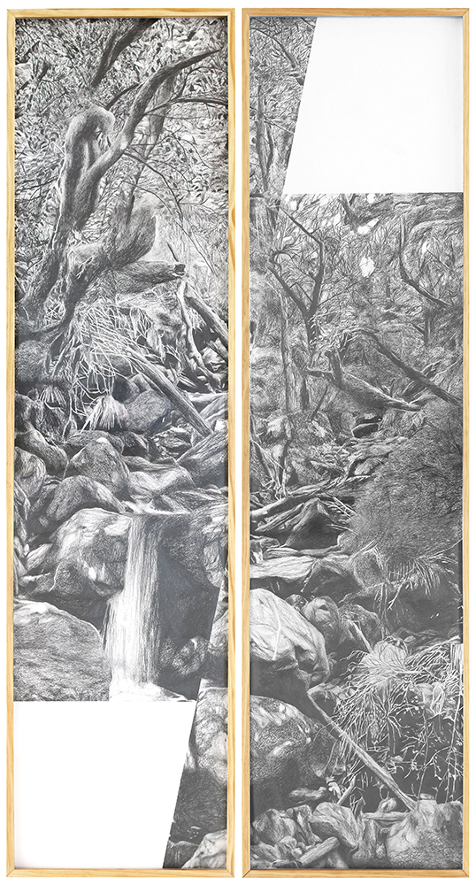 'Otehake Valley', Chris Pole, 2021 drawing, Pencil on paper, framed, diptych, 1800 x 960mm overall
