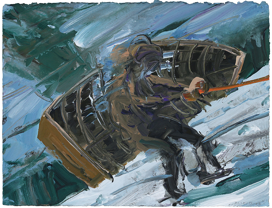 Boat in Glacier study, Euan Macleod, 2020 painting, Acrylic on paper, 290 x 380mm