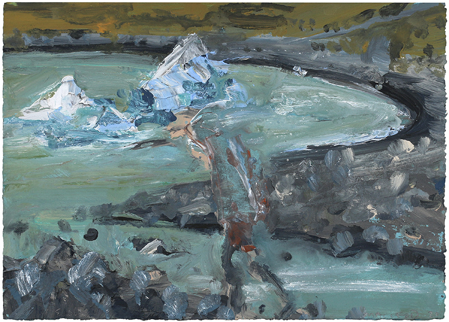 Figure & Iceburgs, Euan Macleod, 2020 painting, Acrylic on paper, 280 x 390mm