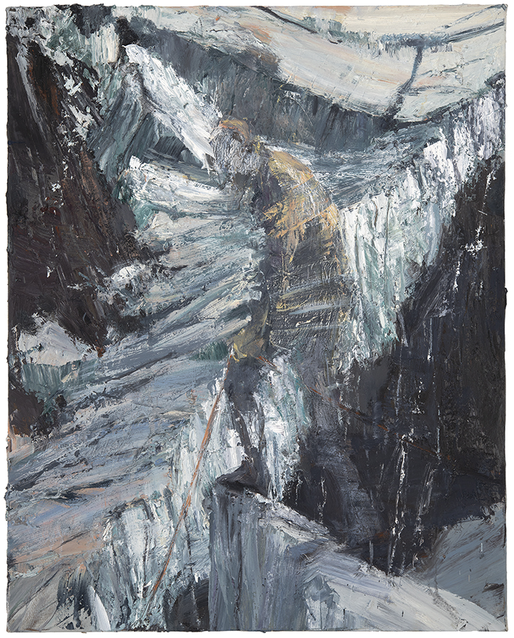 Figure with Rope Against Ice Fall , Euan Macleod, 2020, oil on polyester, 650 x 815mm, (SOLD)