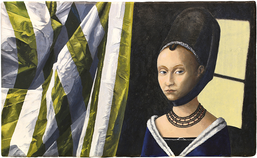 Portrait of a young girl (with green striped curtain), Nigel Buxton, 2022 Painting, Oil on gesso on board, 240 x 400mm, (SOLD)