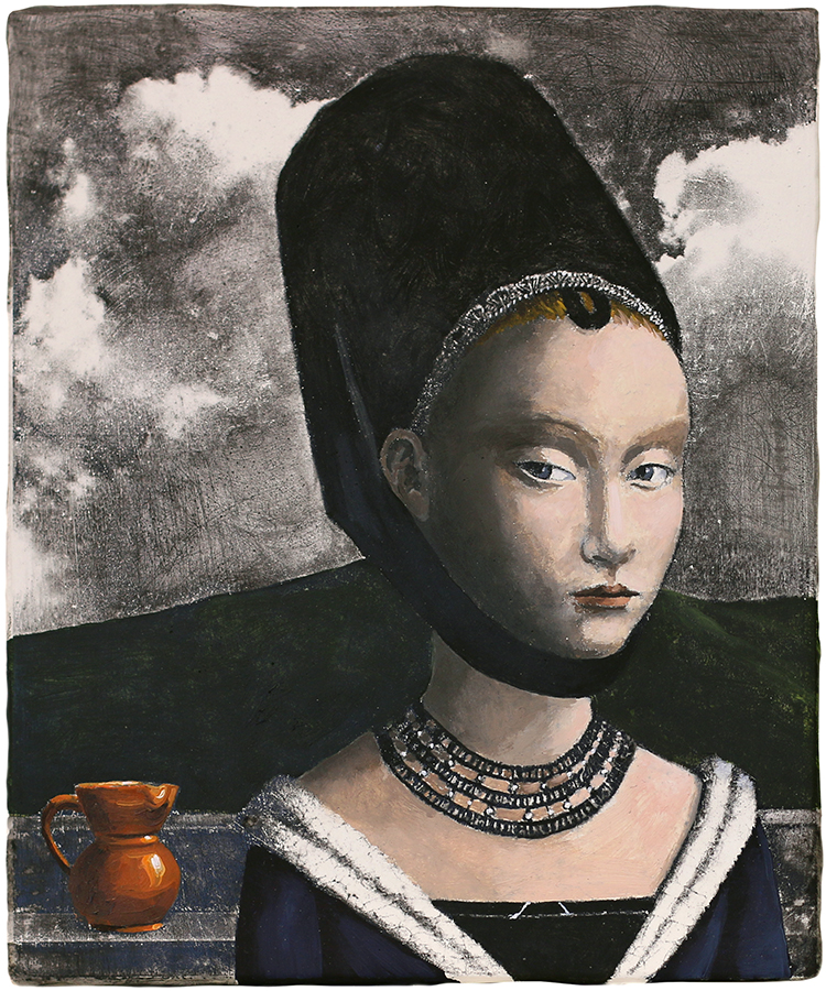 Portrait of a young girl with orange jug, Nigel Buxton, 2022 Painting, Oil on gesso on board, 240 x 200mm, (SOLD)