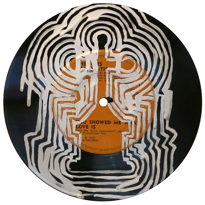 'Replayed 10', by Grant Takle, 2019 galv-enamel on vinyl, 180mm diameter, $250