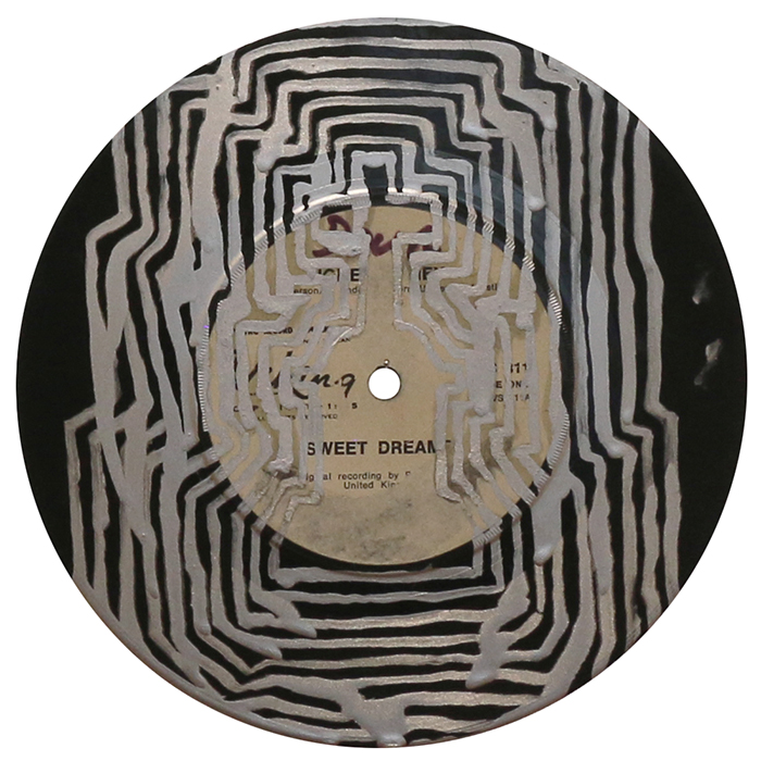 'Replayed 11', by Grant Takle, 2019 galv-enamel on vinyl, 180mm diameter, $250
