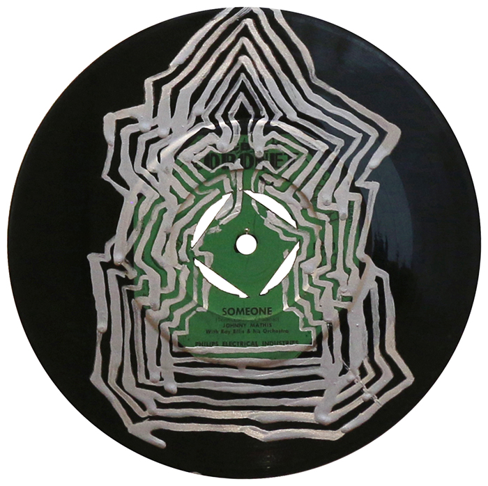 'Replayed 2' (SOLD), by Grant Takle, 2019 galv-enamel on vinyl, 180mm diameter, $250