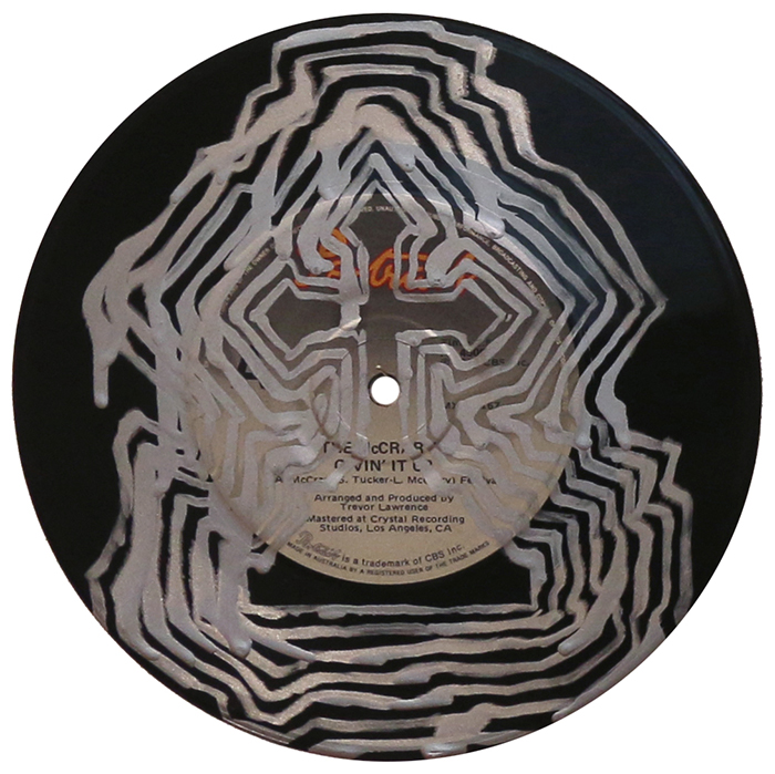 'Replayed 3', by Grant Takle, 2019 galv-enamel on vinyl, 180mm diameter, $250