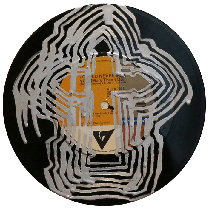 'Replayed 7', by Grant Takle, 2019 galv-enamel on vinyl, 180mm diameter, $250